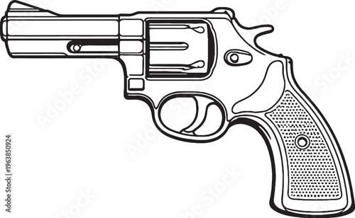 Revolver sidearm black and white vector line art handgun with cylinder side view clean outline isolated