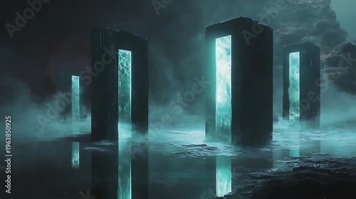 Mysterious glowing portals in an otherworldly landscape with reflective water