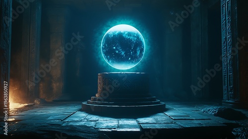 Mysterious glowing orb in dark chamber abstract fantasy illustration