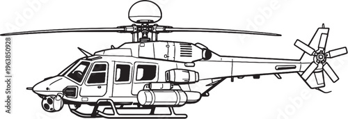 Reconnaissance Helicopter Line Art Vector Illustration Military Surveillance Aircraft Side View