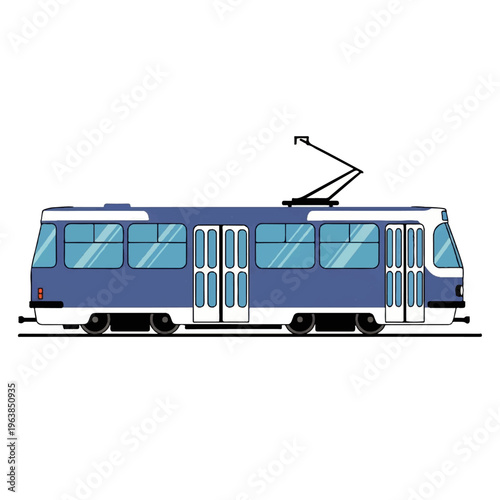 Blue tram car with classic design on white background