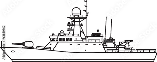 Patrol Warship Naval Vessel Military Ship Line Art Vector Illustration Side View