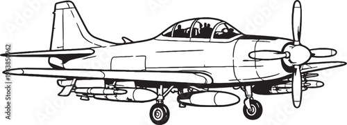Propeller Attack Aircraft Line Art Vector Illustration Side View Isolated