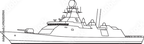 Next Generation Warship Stealth Naval Vessel Line Art Vector Illustration Side View