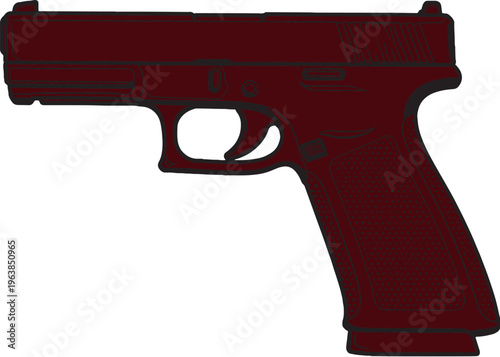 Polymer frame handgun black and white vector line art pistol side view clean outline isolated on white