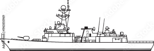 Naval Frigate Warship Military Vessel Line Art Vector Illustration Side View