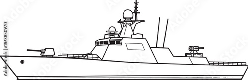 Naval Corvette Warship Military Ship Line Art Vector Illustration Side View