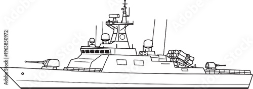 Naval Escort Ship Warship Military Vessel Line Art Vector Illustration Side View