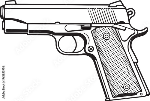 Officer sidearm handgun black and white vector line art side view compact firearm clean outline isolated
