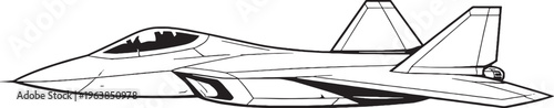 Next generation fighter jet vector line art side view advanced stealth military aircraft illustration isolated