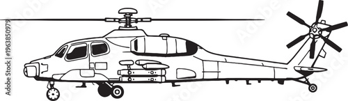 Naval Attack Helicopter Maritime Military Rotorcraft Side View Clean Vector Line Art Illustration