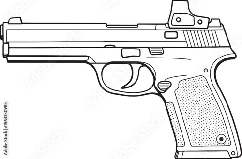 Optic ready handgun black and white vector line art pistol with optic mount side view clean outline