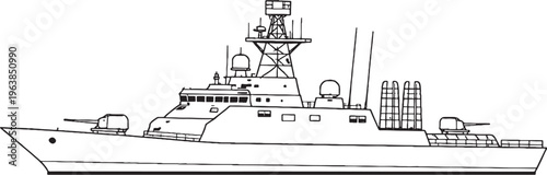 Multi Role Warship Naval Vessel Military Ship Line Art Vector Illustration Side View