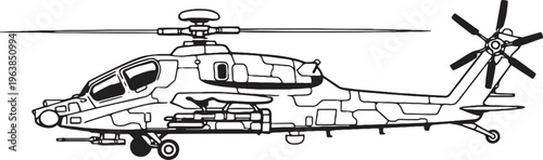 Mountain Combat Helicopter Military Gunship High Altitude Aircraft Side View Vector Line Art Illustration