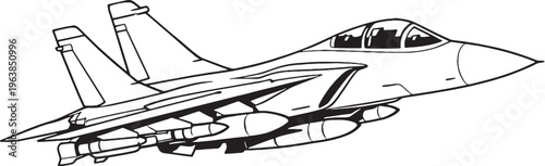 Modern Strike Fighter Line Art Vector Illustration Side View Isolated