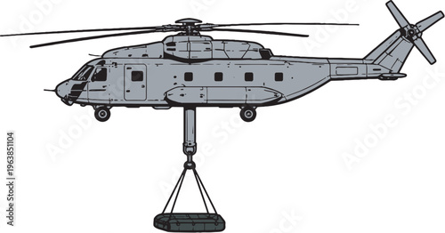 Heavy Lift Helicopter Large Rotor Cargo Line Art Vector Illustration