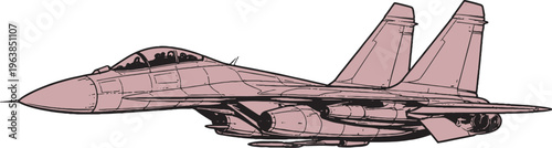 Heavy fighter jet vector line art side view large dual engine military aircraft illustration isolated
