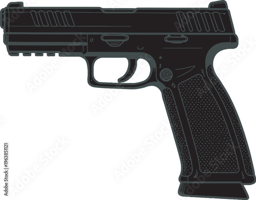 High capacity pistol black and white vector line art handgun with extended grip side view clean outline