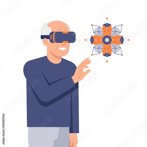 Elderly man using virtual reality glasses interacting with digital 3d node structure