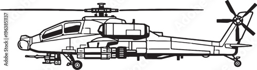 Gunship Helicopter Military Armed Rotorcraft Side View Clean Vector Line Art Illustration
