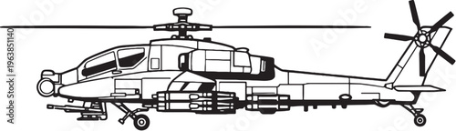 Heavy Attack Helicopter Military Gunship Large Airframe Side View Vector Line Art Illustration