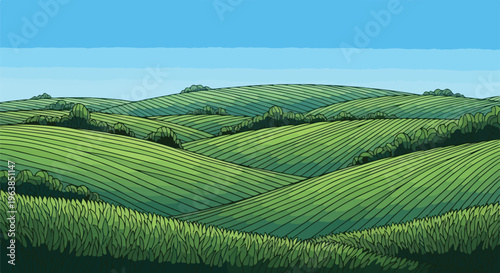 Pixelated artwork depicts rolling green hills under a bright blue sky