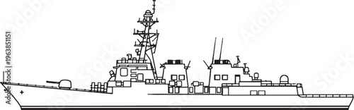 Guided Missile Destroyer Warship Naval Vessel Line Art Vector Side View