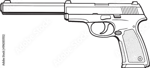 Extended barrel pistol black and white vector line art handgun side view long barrel clean outline isolated