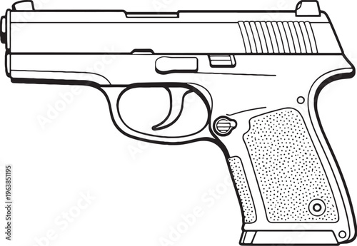 Concealed carry military pistol black and white vector line art compact handgun side view clean outline