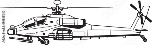 Anti Tank Helicopter Military Gunship Missile Armed Aircraft Side View Vector Line Art Illustration