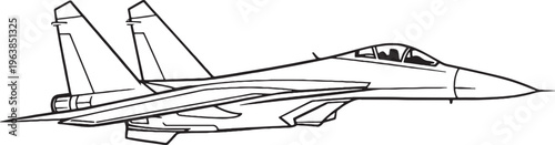 Air superiority fighter jet vector line art side view military aircraft illustration isolated