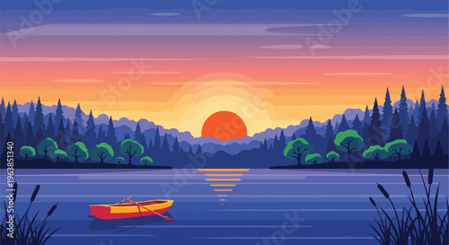 Pixelated illustration of a sunset over a lake, with boat