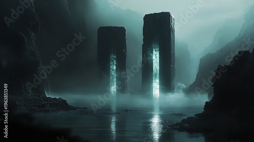 Mysterious monoliths stand in a misty ethereal landscape reflected in water
