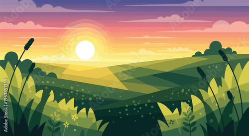 Pixelated illustration of a sunset over green hills and plants