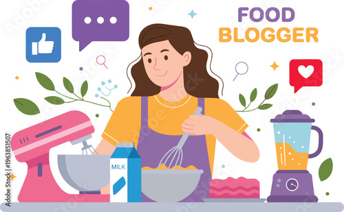 Food blogger cooking content creation, baking dessert in kitchen, influencer lifestyle, social media engagement, recipe video production, digital marketing illustration vector