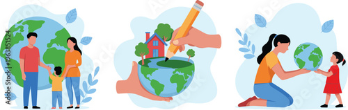 Family and environment concept, parents and child with earth, sustainability education, eco friendly lifestyle, global care, environmental awareness illustration vector design