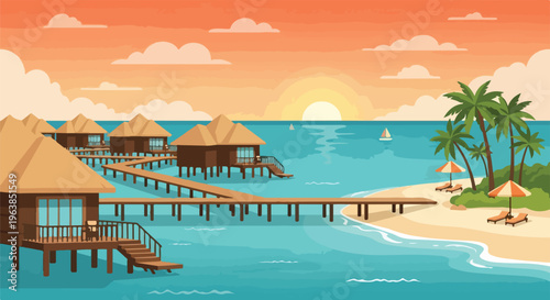 Pixelated illustration of island beach at sunset with overwater bungalows