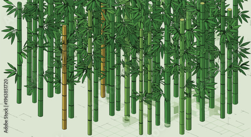 Pixelated illustration of lush green bamboo forest with detailed shadows