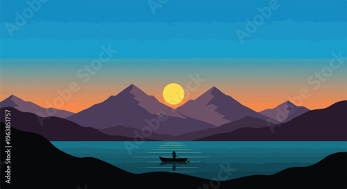 Pixelated illustration of sunset over water, mountains, and a lone boat