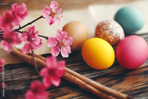 Colorful Easter Eggs with Cherry Blossom Branch on Wooden Table in Soft Natural Light