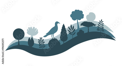 Silhouette image featuring bird, trees, bushes, and flowing wave shapes