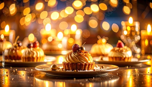 A close-up shot of golden tarts on plates, with a blurred bokeh of lit candles in the background, creating a warm, festive vibe