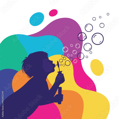 Silhouette of a child blowing bubbles against a colorful background