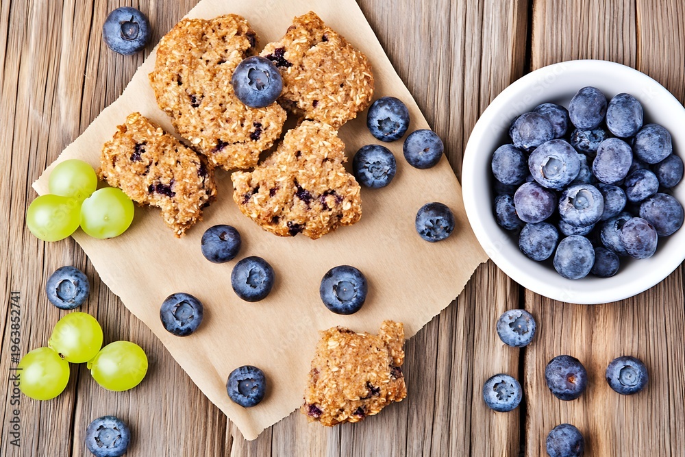 Fototapeta premium Delicious homemade cookies with blueberries and fresh grapes on a rustic wooden table