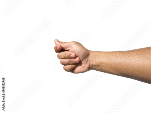Male hand making a gesture of holding a card or business card. Some types of documents ID card Or a passport, coin, or something. Isolated on a white background.
