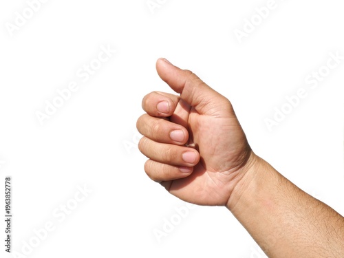 Male hand making a gesture of holding a card or business card. Some types of documents ID card Or a passport, coin, or something. Isolated on a white background.