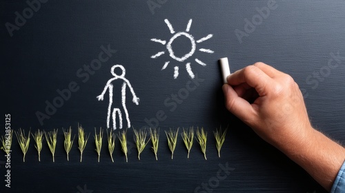Hand Sketching of a Stick Figure Farmer Drawing with Chalk on Blackboard