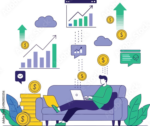 Financial growth flat vector illustration, man working on laptop for passive income, investment success and wealth management concept