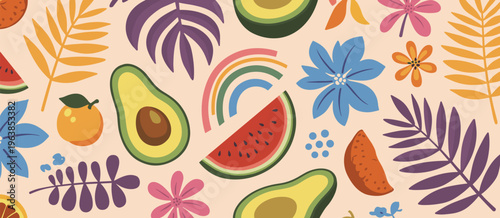 Colorful Summer Fruits and Tropical Leaves Pattern illustration huykdlzbto