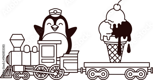Penguin conductor on train with ice cream cart